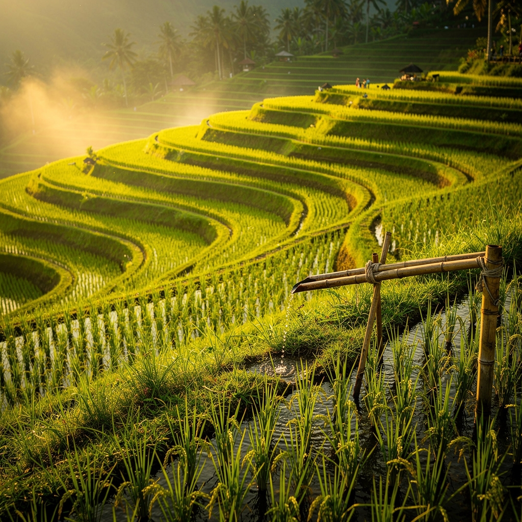 Terasering sawah Bali dengan pantulan cahaya sore