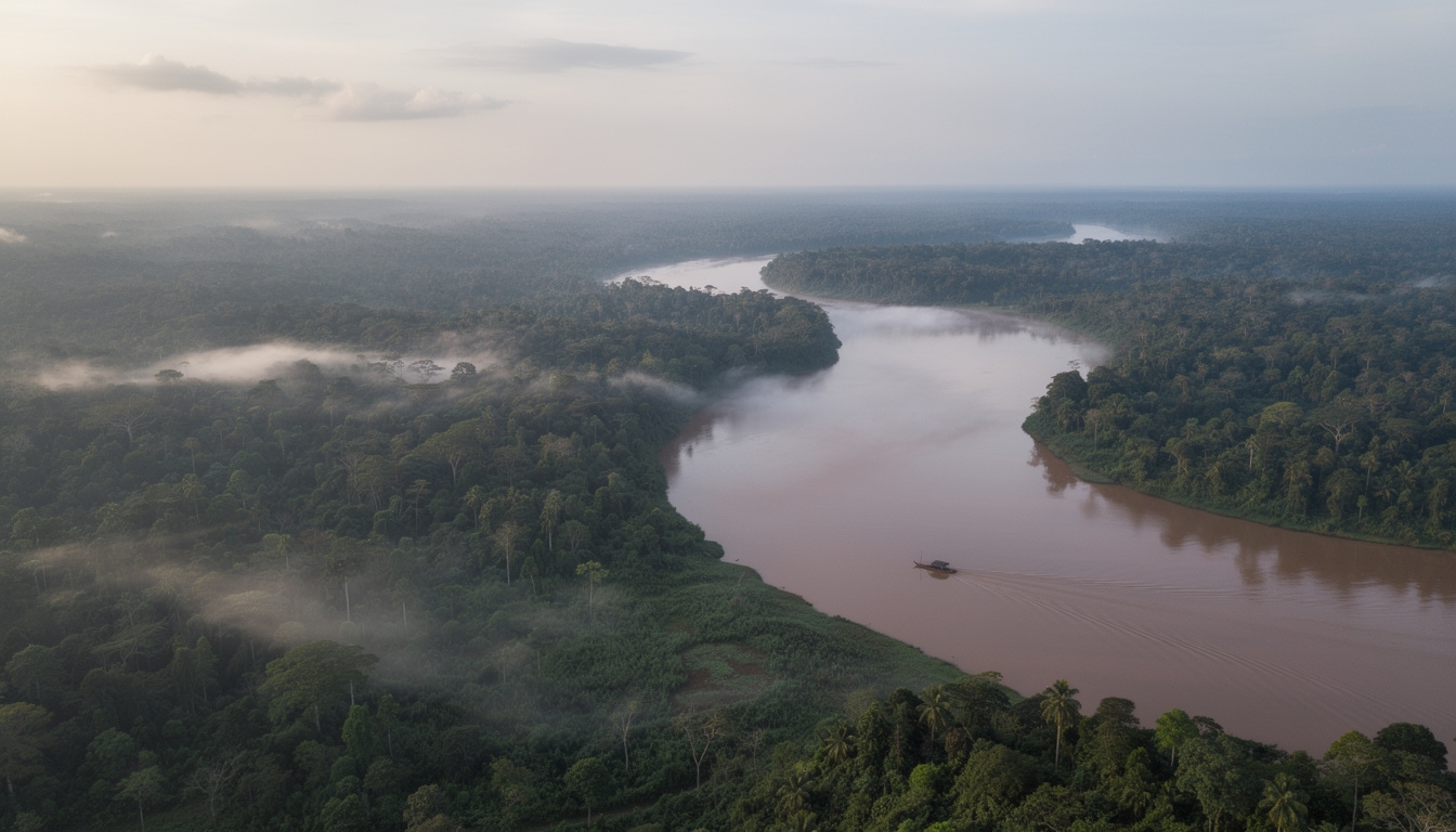Sungai berliku di hutan Kalimantan dengan vegetasi lebat hijau