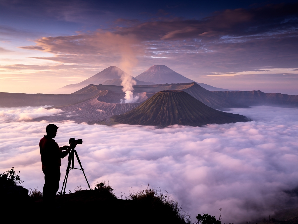 Kabut tebal di Gunung Bromo saat pagi hari musim hujan