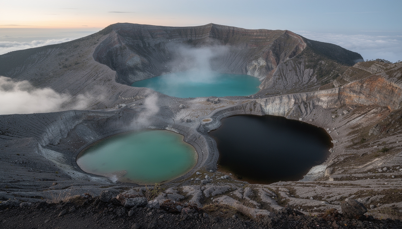 Danau kawah Kelimutu dengan warna berbeda-beda di puncak gunung