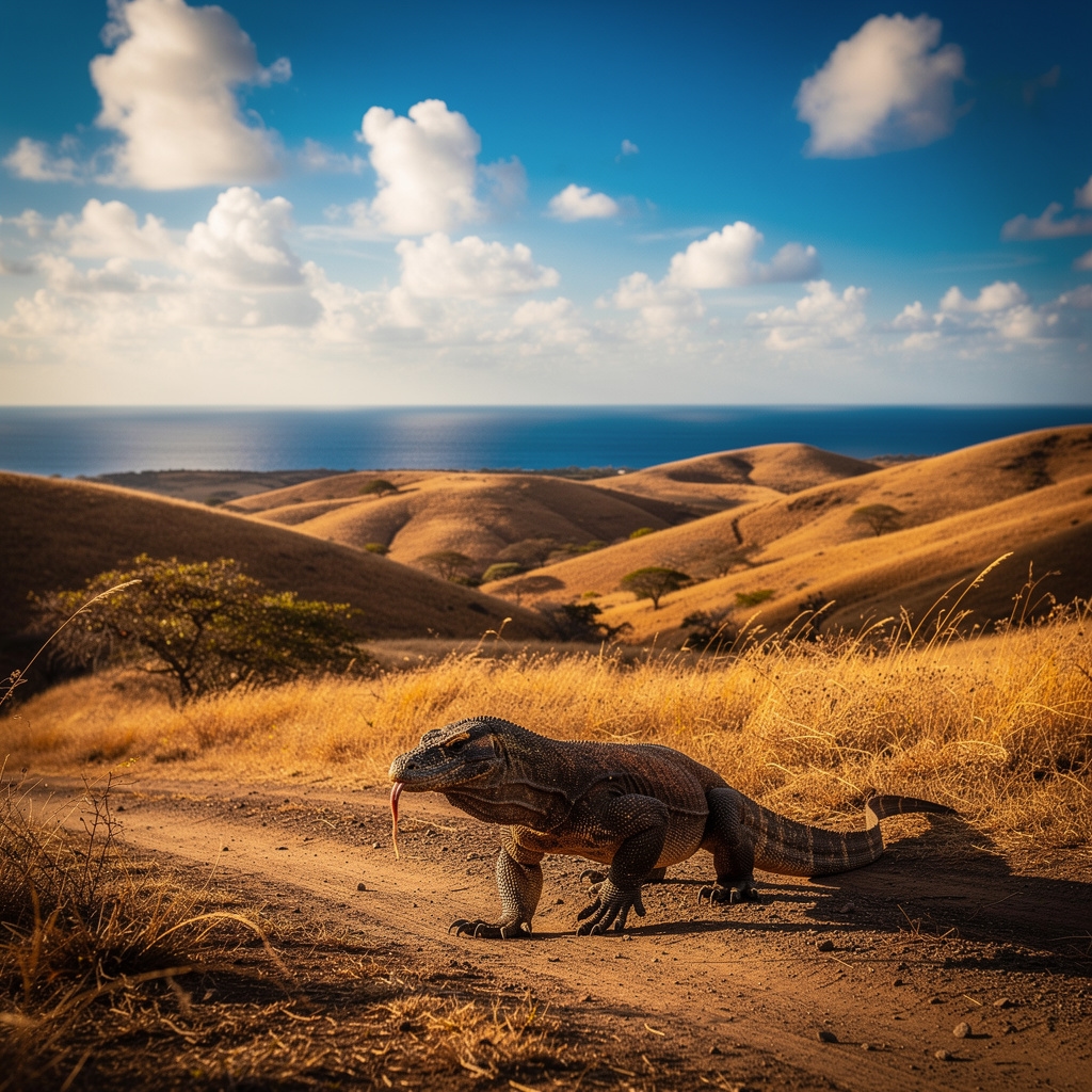 Lanskap pulau Komodo dengan bukit savana dan laut biru