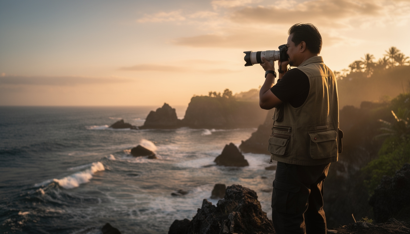 Fotografer sedang memotret pemandangan alam Indonesia saat golden hour