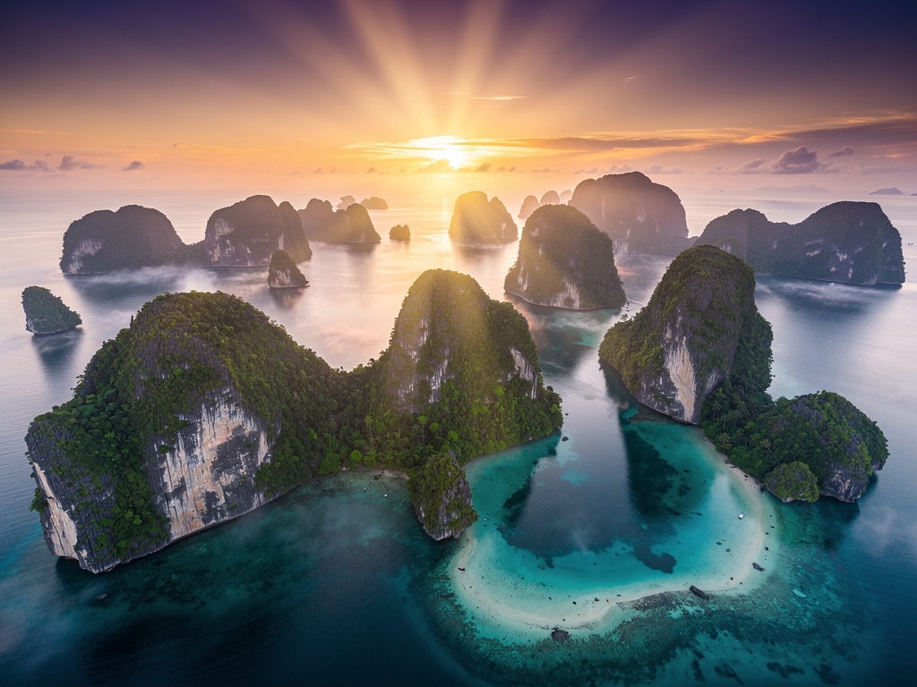 Matahari terbit di Raja Ampat dengan air jernih dan pulau karst